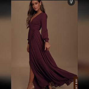 LULU'S NWT BURGUNDY WRAP LINED CHIFFON SEXY AF BUTTON SLEEVE MAXI DRESS …